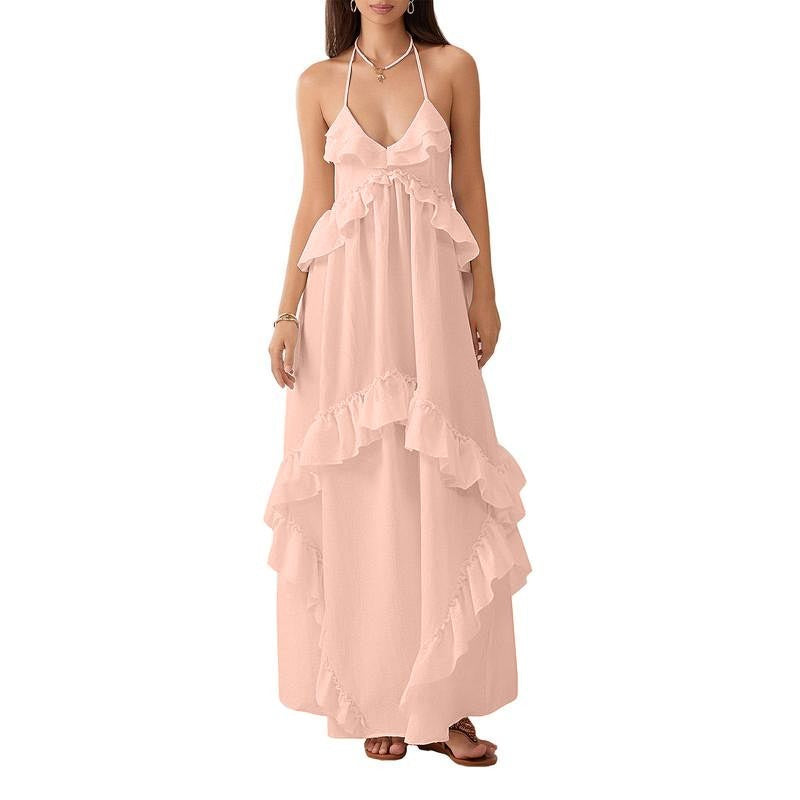 Women Sleeveless Halter Dress Backless Ruffled Summer Swing Dress