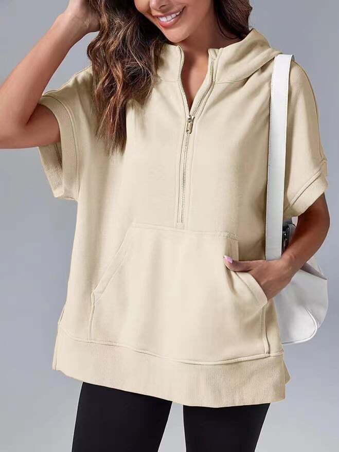 Oversized Casual Half Zip Short Sleeve Pullover Tops with Pockets(Buy 2 Free Shipping)