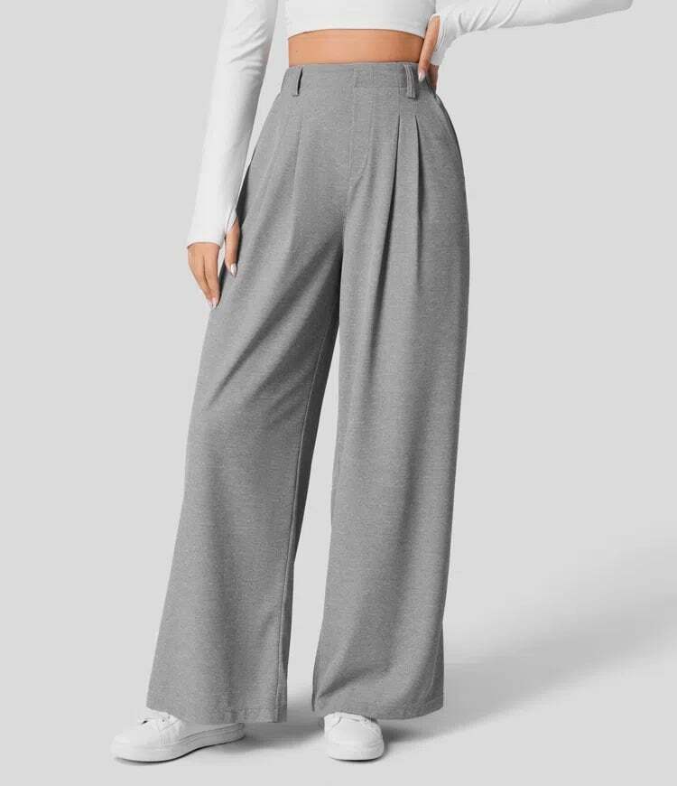 High Waisted Plicated Side Pocket Wide Leg Waffle Work Pants