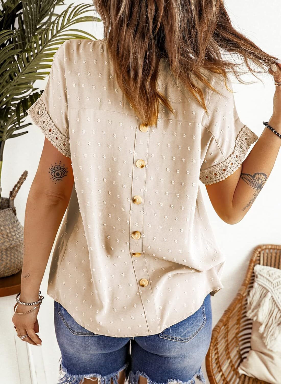 Dokotoo Womens Summer Tops Crewneck Lace Crochet Short Sleeve Shirts Casual Chiffon Blouses