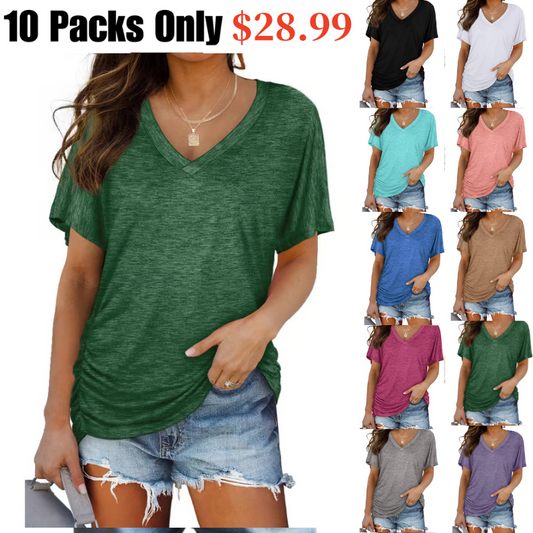 🎁✨Womens Short Sleeve V Neck Dolman Tops with Side Shirring Loose Fit Shirts