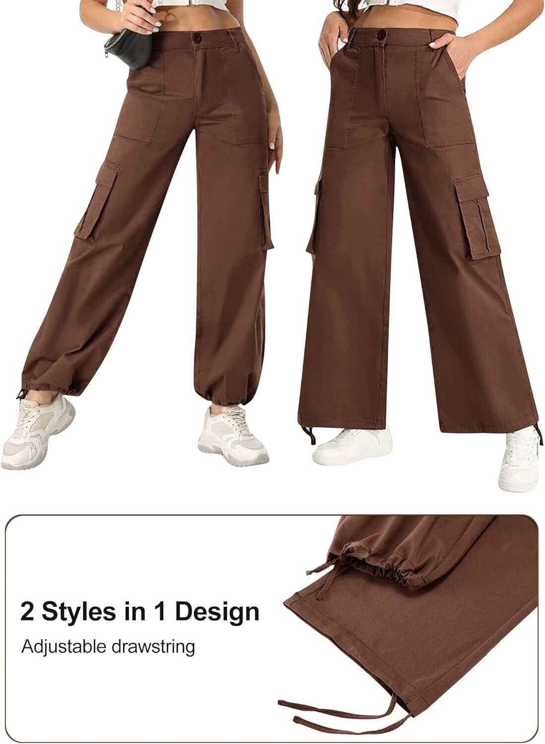 Women High Waisted Satin Cargo Pants Wide Leg Casual Pants multipocket model