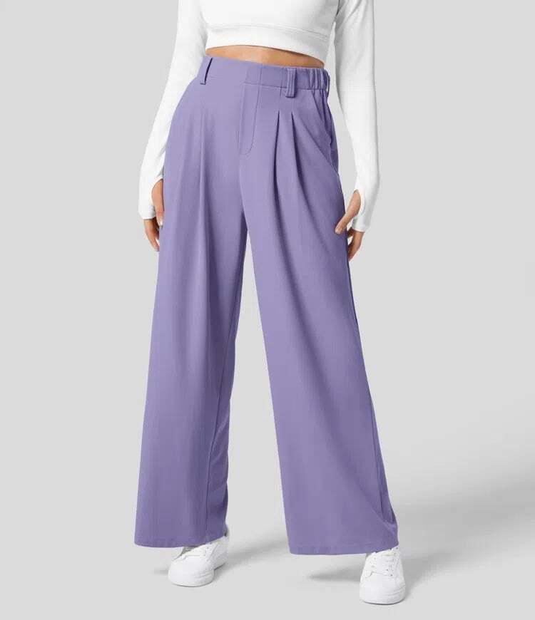 High Waisted Plicated Side Pocket Wide Leg Waffle Work Pants