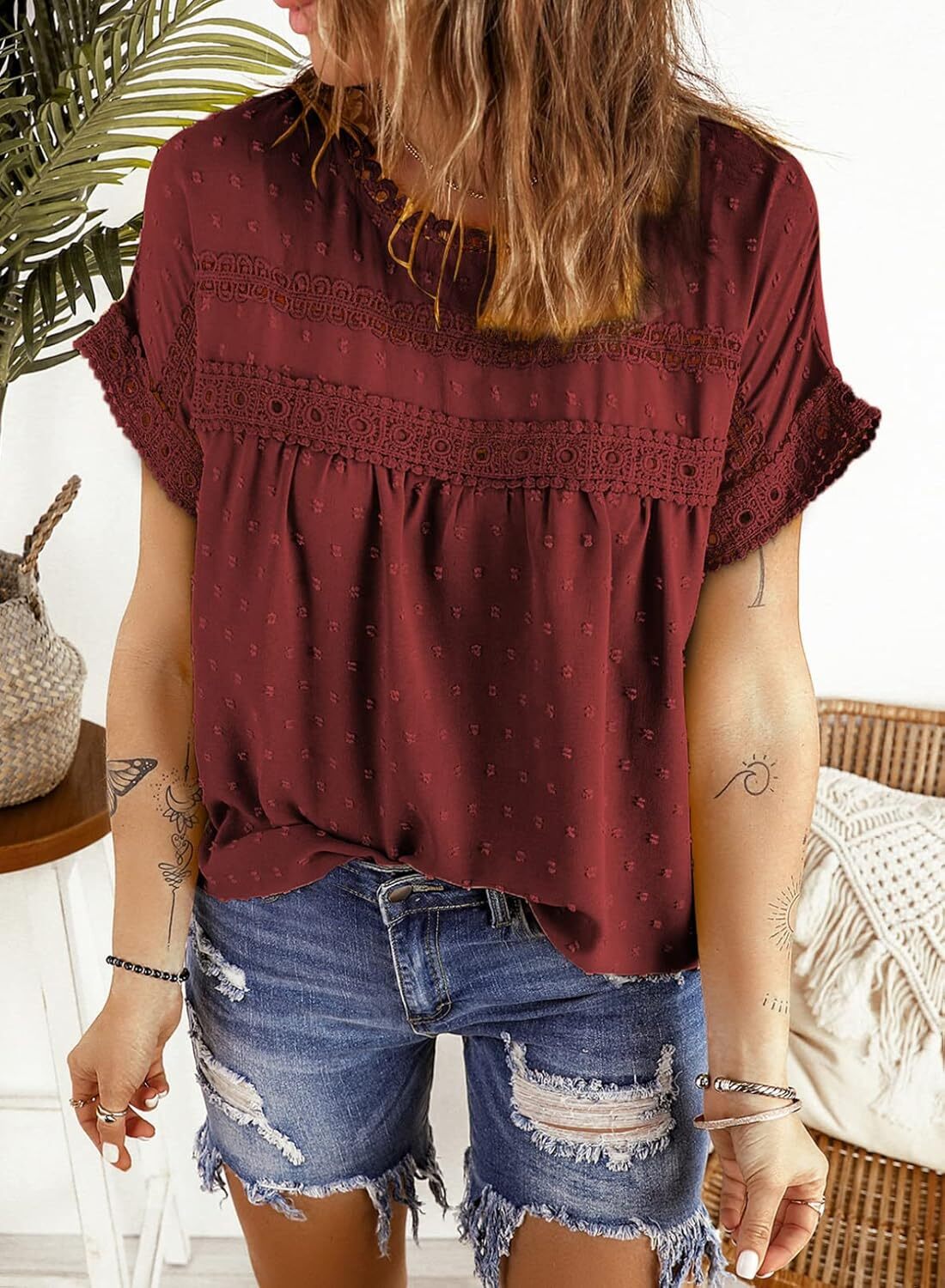 Dokotoo Womens Summer Tops Crewneck Lace Crochet Short Sleeve Shirts Casual Chiffon Blouses