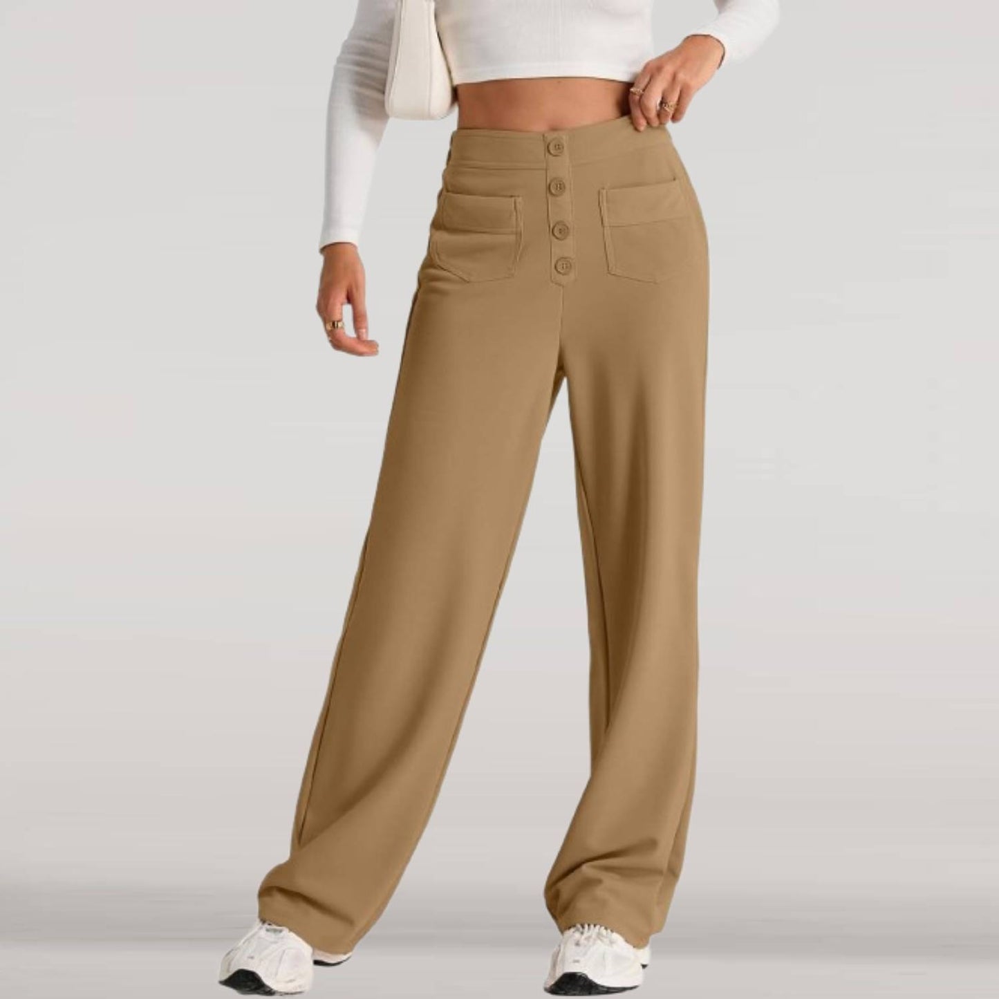 ⏰Womens High Waist Button Stretchy Work Pants Straight Leg Office Dress Pant Business Casual Trousers with Pocket