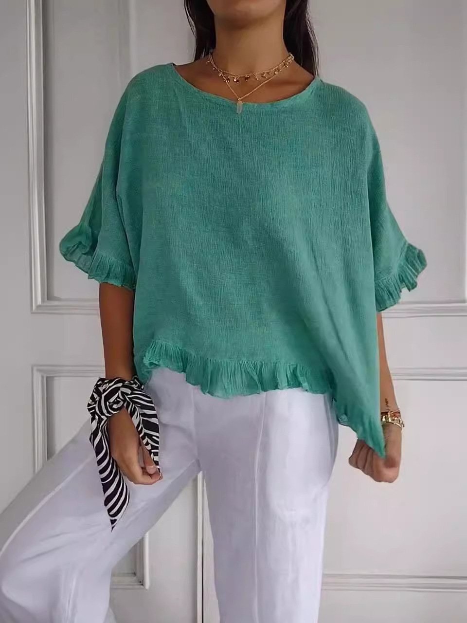 New women's Round Neck Ruffled Hem Mid-sleeve Cotton and Linen Tops