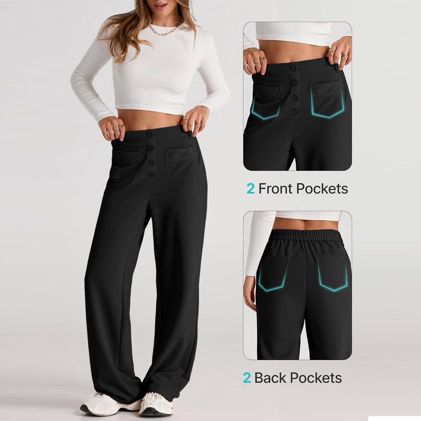 ⏰Womens High Waist Button Stretchy Work Pants Straight Leg Office Dress Pant Business Casual Trousers with Pocket