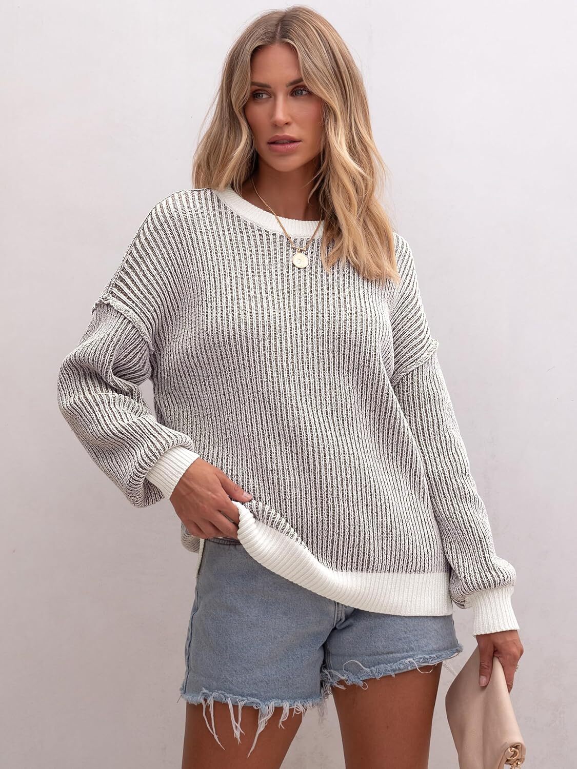 Womens Sweaters Crewneck Long Sleeve Color Block Pullover Loose Ribbed Knit Sweater Tops 2024 Fall Trendy Outfits