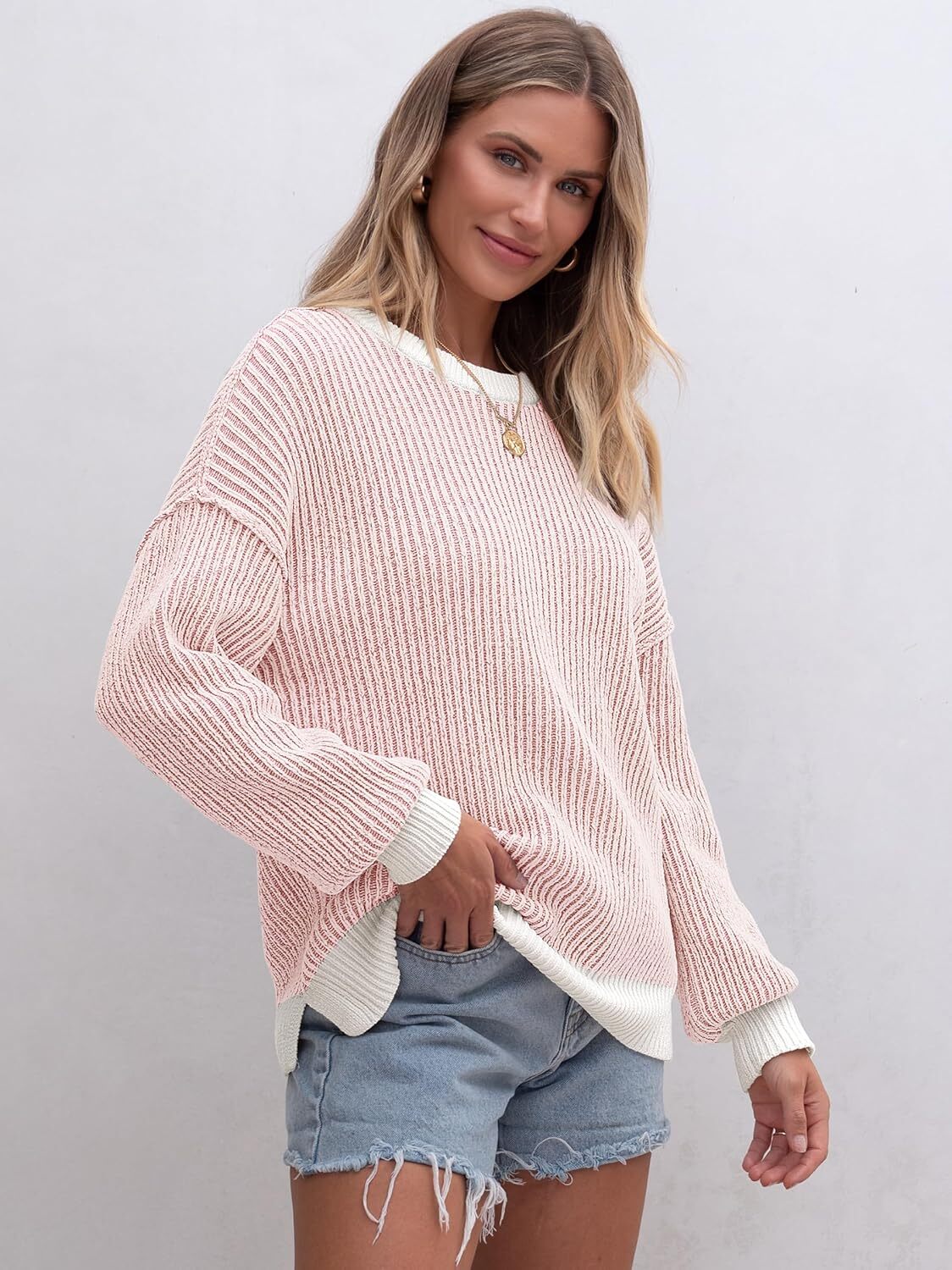 Womens Sweaters Crewneck Long Sleeve Color Block Pullover Loose Ribbed Knit Sweater Tops 2024 Fall Trendy Outfits