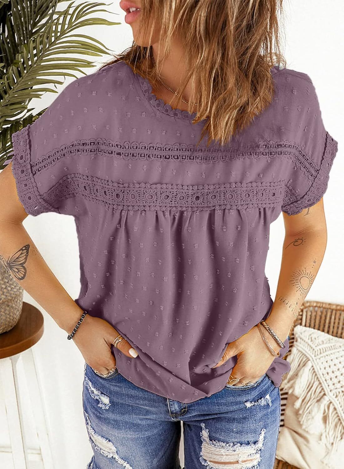 Dokotoo Womens Summer Tops Crewneck Lace Crochet Short Sleeve Shirts Casual Chiffon Blouses