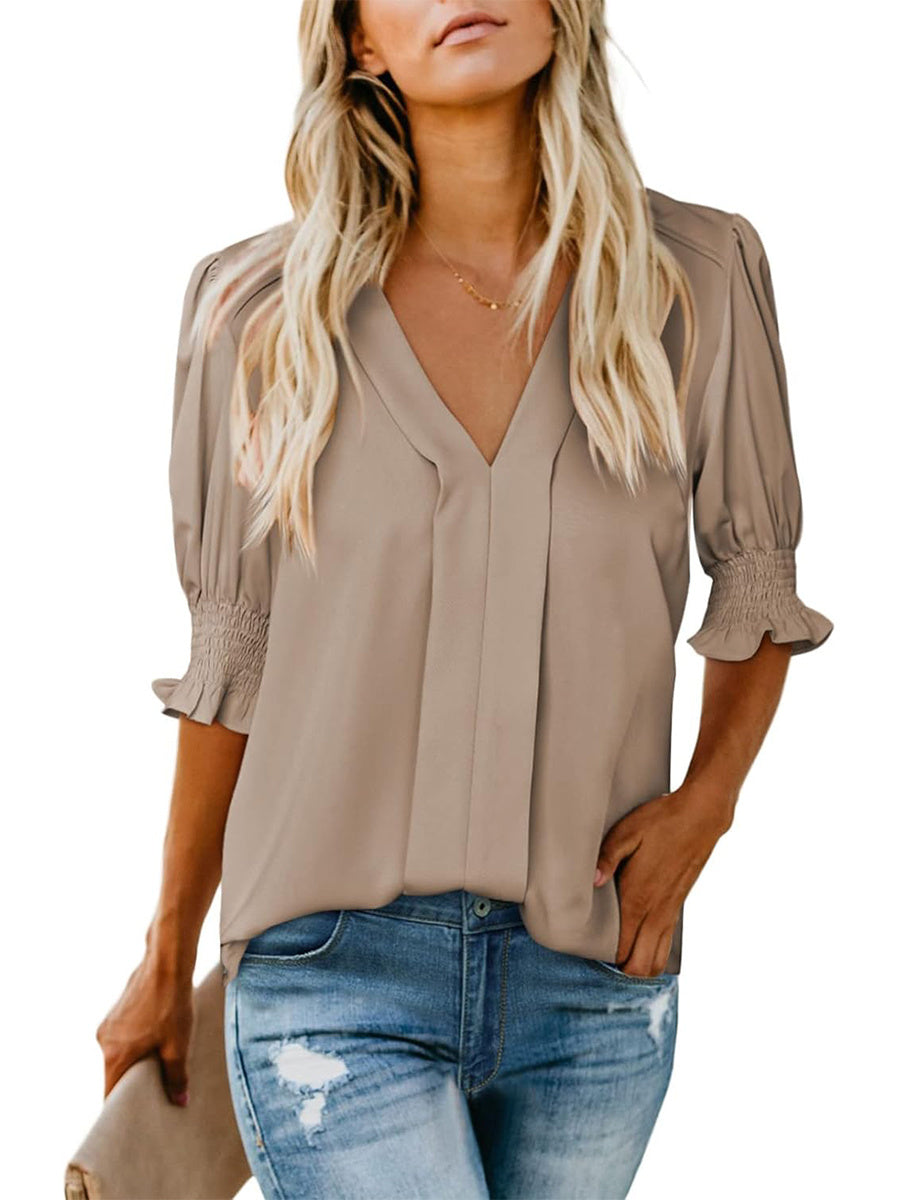 Women's V Neck Dressy Puff Ruffle Blouse Casua Short Sleeve Tops