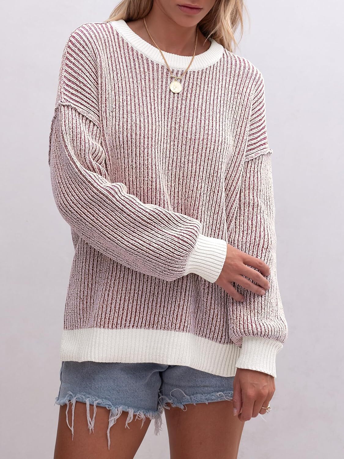 Womens Sweaters Crewneck Long Sleeve Color Block Pullover Loose Ribbed Knit Sweater Tops 2024 Fall Trendy Outfits