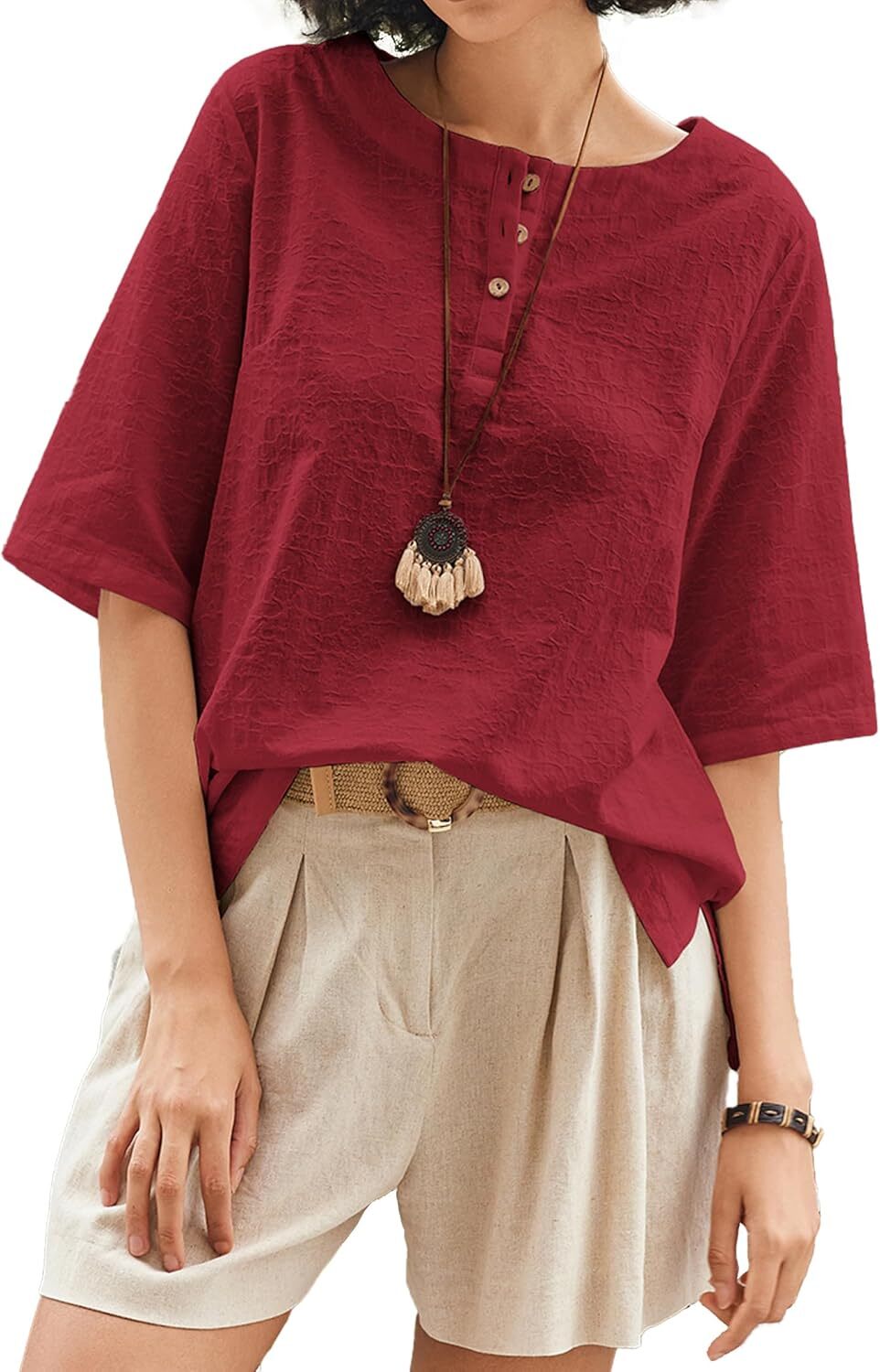 Linen Tops for Women 3/4 Sleeve Crew Neck Cotton Shirts