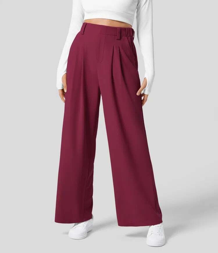High Waisted Plicated Side Pocket Wide Leg Waffle Work Pants