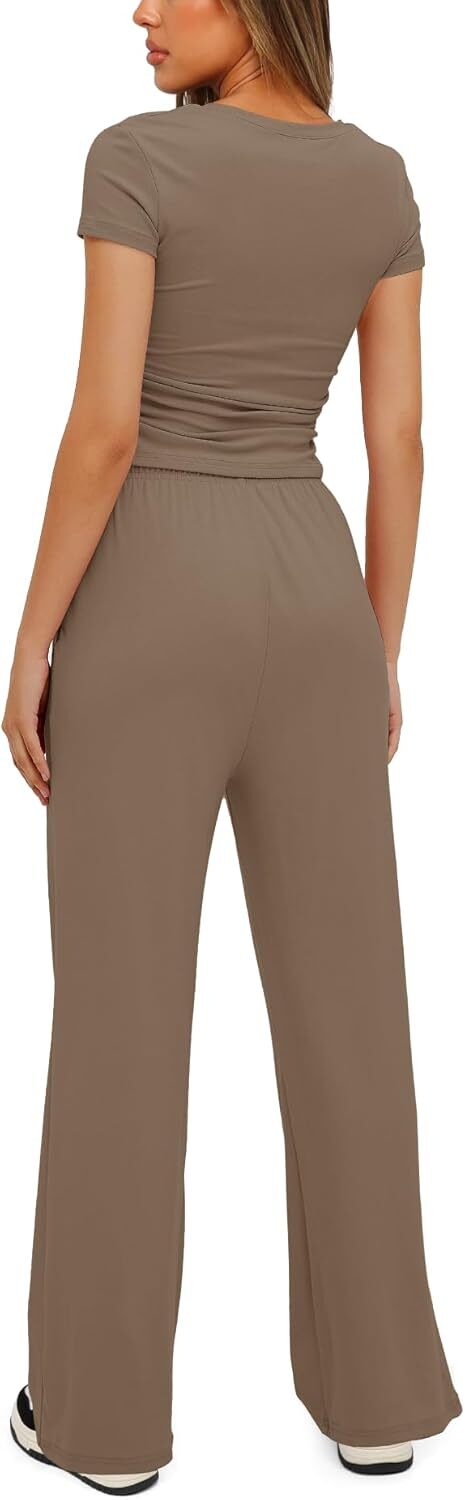 Darong Women's 2 Piece Outfits Lounge Sets Ruched Short Sleeve Tops and High Waisted Wide Leg Pants Tracksuit Sets