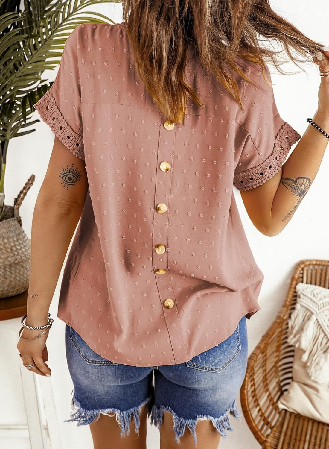 Dokotoo Womens Summer Tops Crewneck Lace Crochet Short Sleeve Shirts Casual Chiffon Blouses