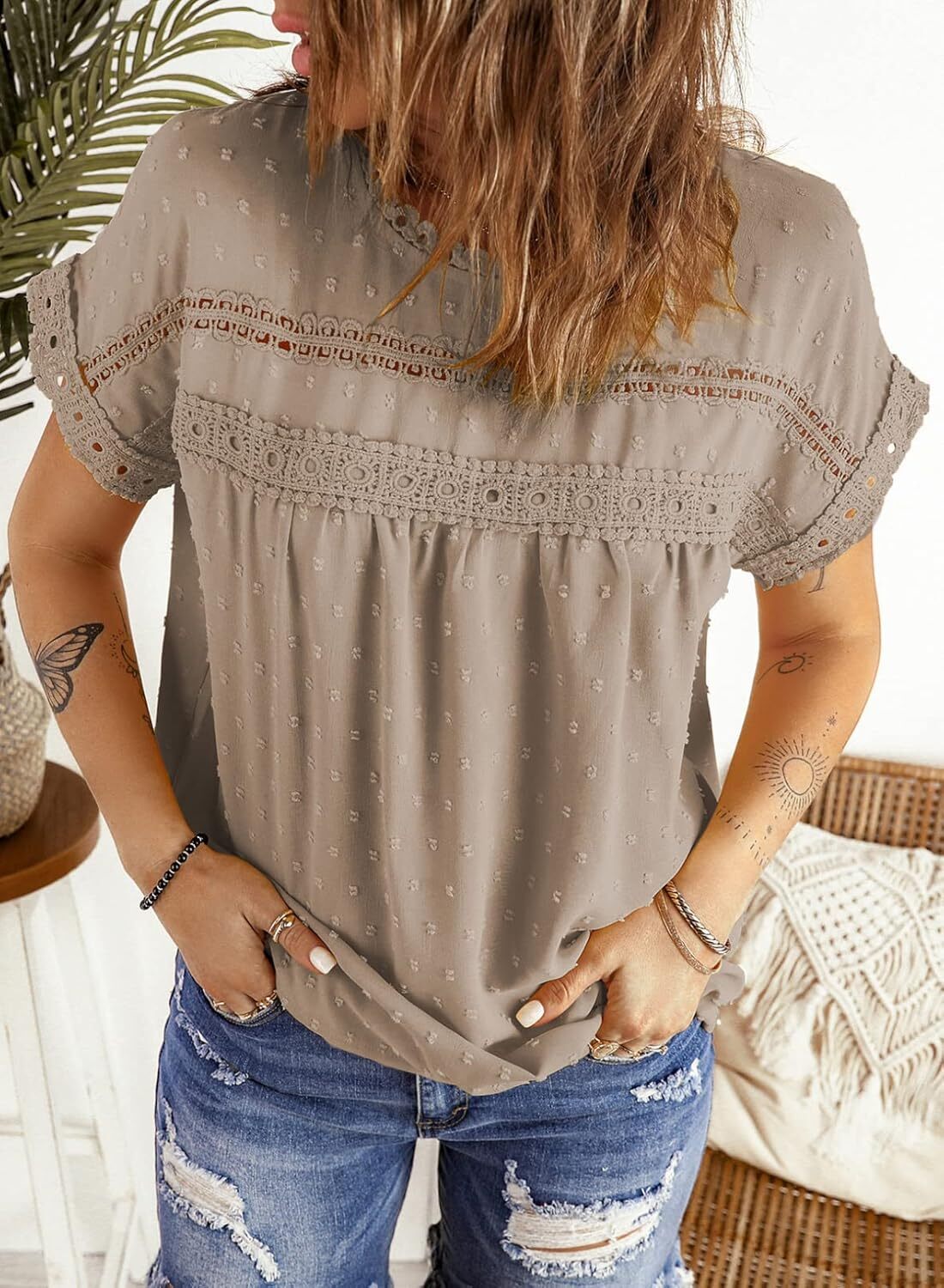 Dokotoo Womens Summer Tops Crewneck Lace Crochet Short Sleeve Shirts Casual Chiffon Blouses