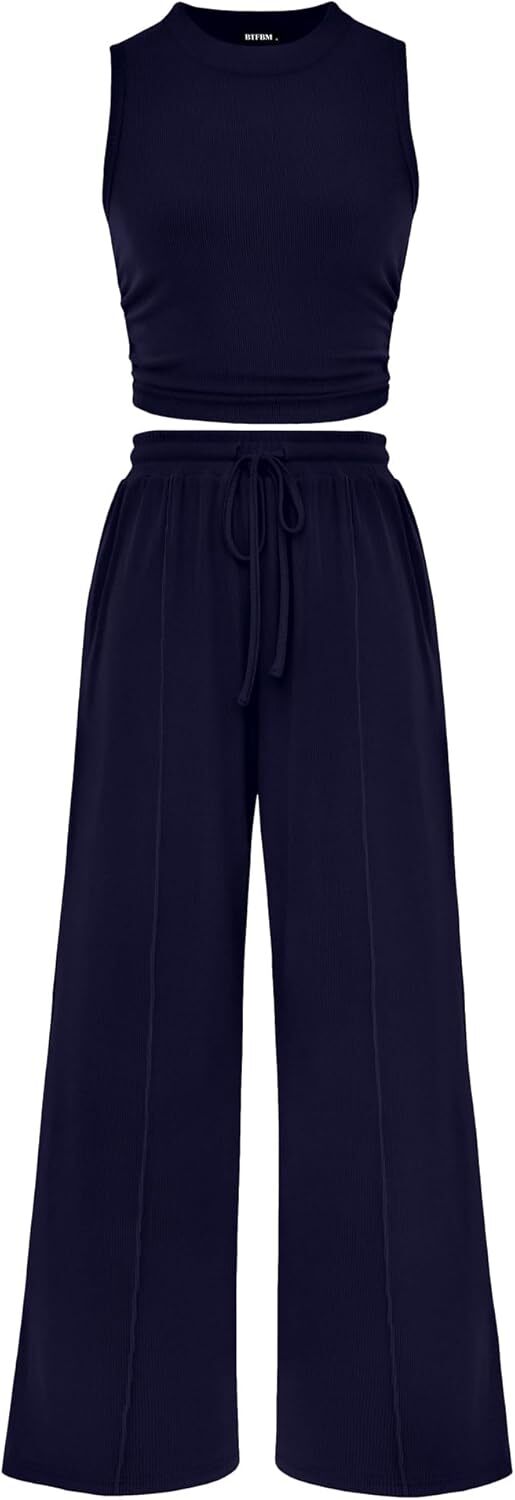 Women's Summer Beach Round Neck Sleeveless Cropped Top Elastic Waist Wide Leg Pants Lounge Set