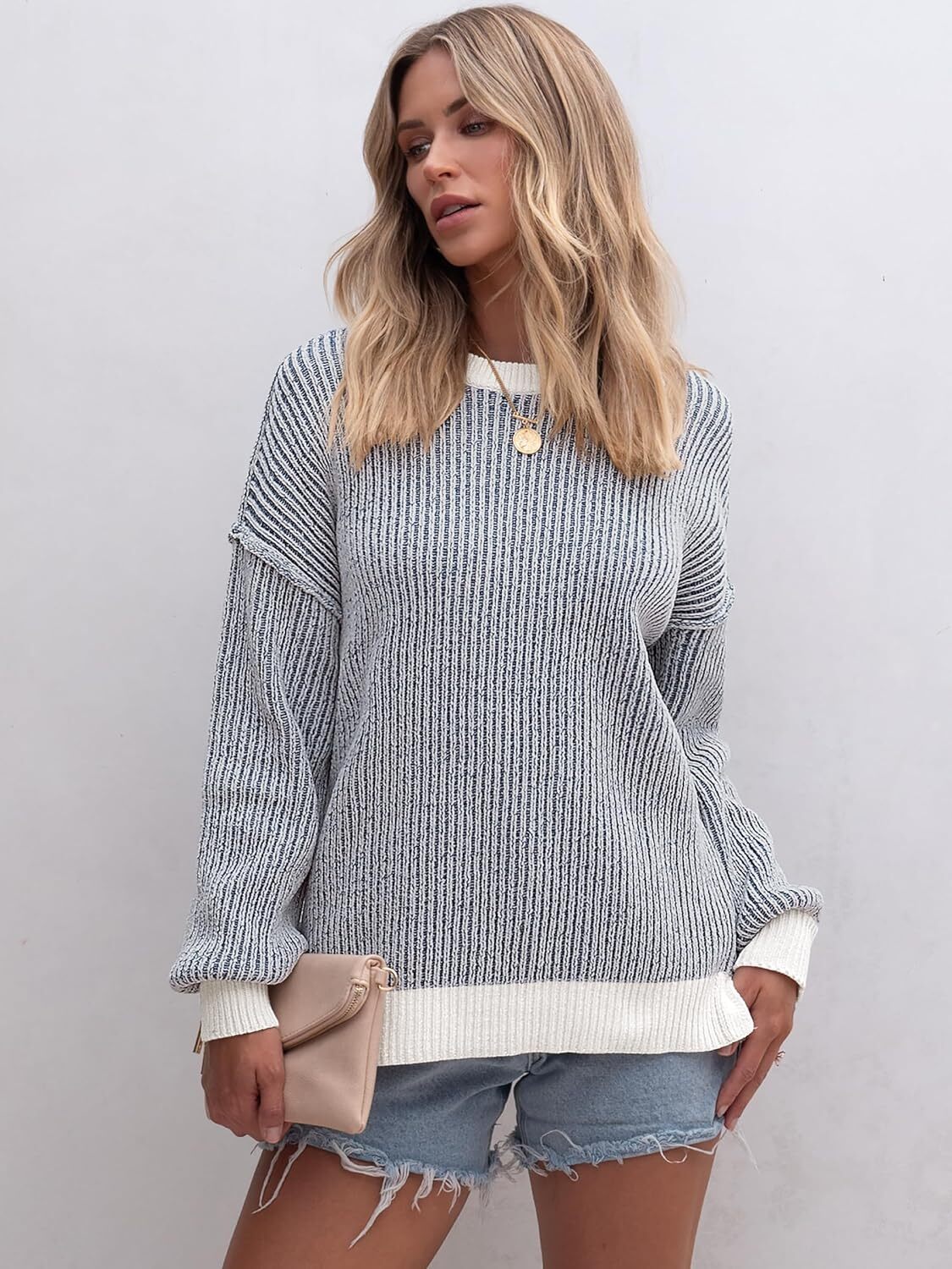 Womens Sweaters Crewneck Long Sleeve Color Block Pullover Loose Ribbed Knit Sweater Tops 2024 Fall Trendy Outfits