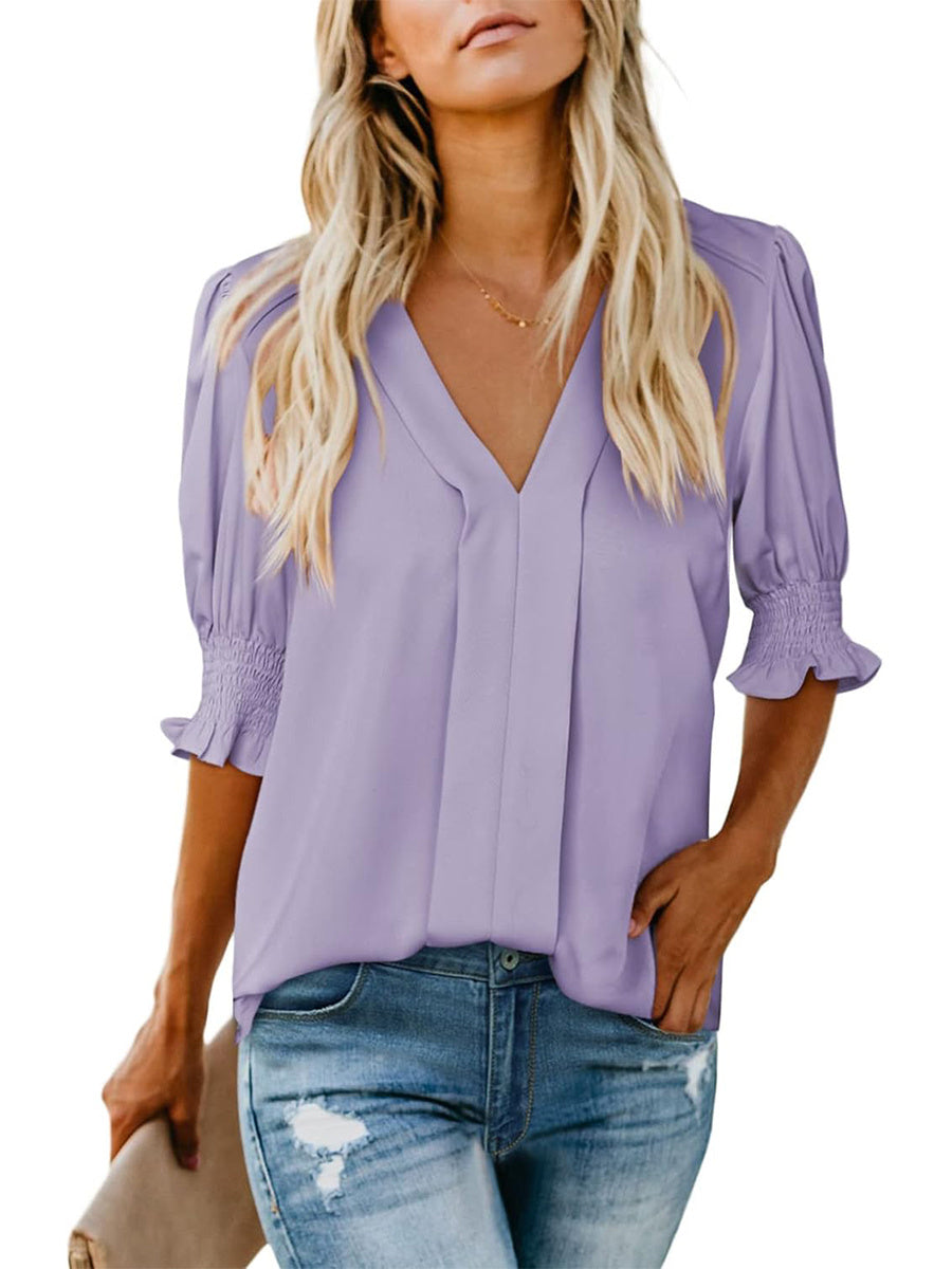 Women's V Neck Dressy Puff Ruffle Blouse Casua Short Sleeve Tops