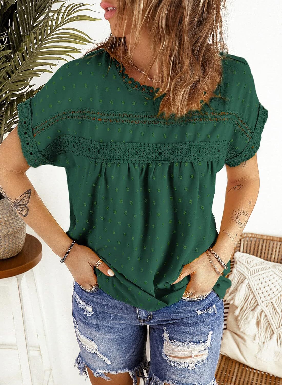 Dokotoo Womens Summer Tops Crewneck Lace Crochet Short Sleeve Shirts Casual Chiffon Blouses