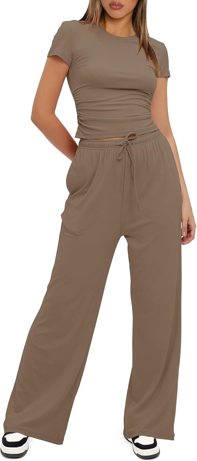 Darong Women's 2 Piece Outfits Lounge Sets Ruched Short Sleeve Tops and High Waisted Wide Leg Pants Tracksuit Sets