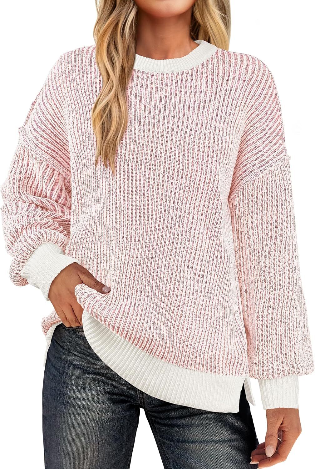 Womens Sweaters Crewneck Long Sleeve Color Block Pullover Loose Ribbed Knit Sweater Tops 2024 Fall Trendy Outfits