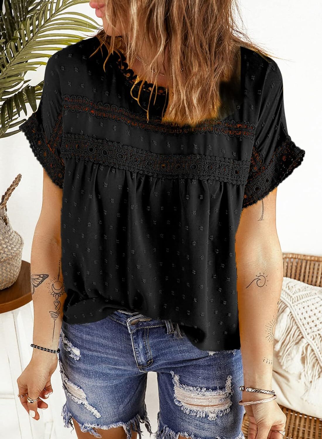 Dokotoo Womens Summer Tops Crewneck Lace Crochet Short Sleeve Shirts Casual Chiffon Blouses