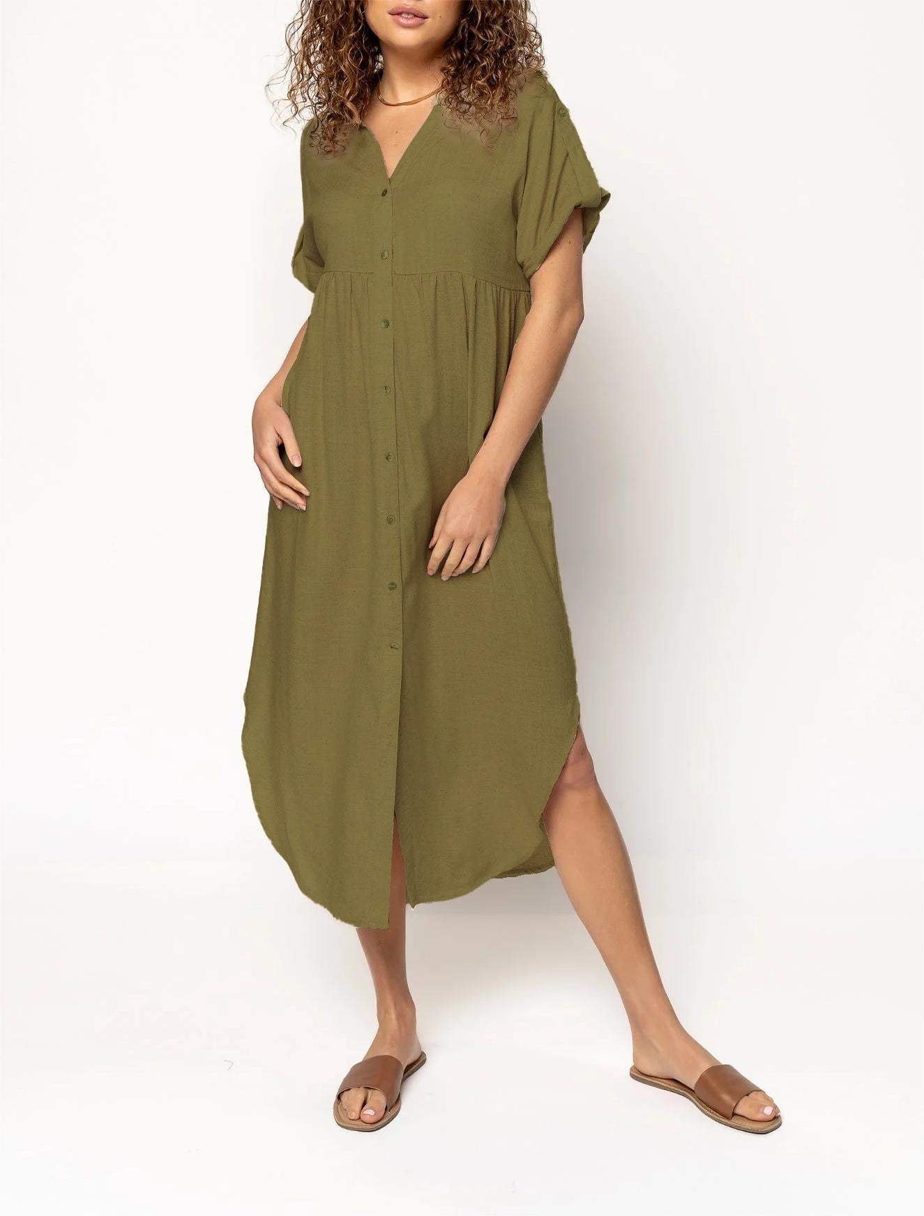 Women's Button Long Pocket Dress Slit Hem