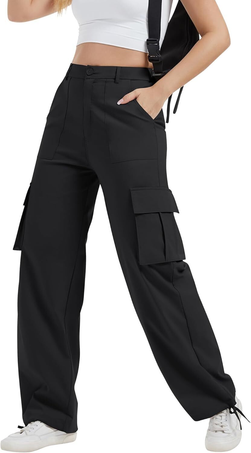 Women High Waisted Satin Cargo Pants Wide Leg Casual Pants multipocket model