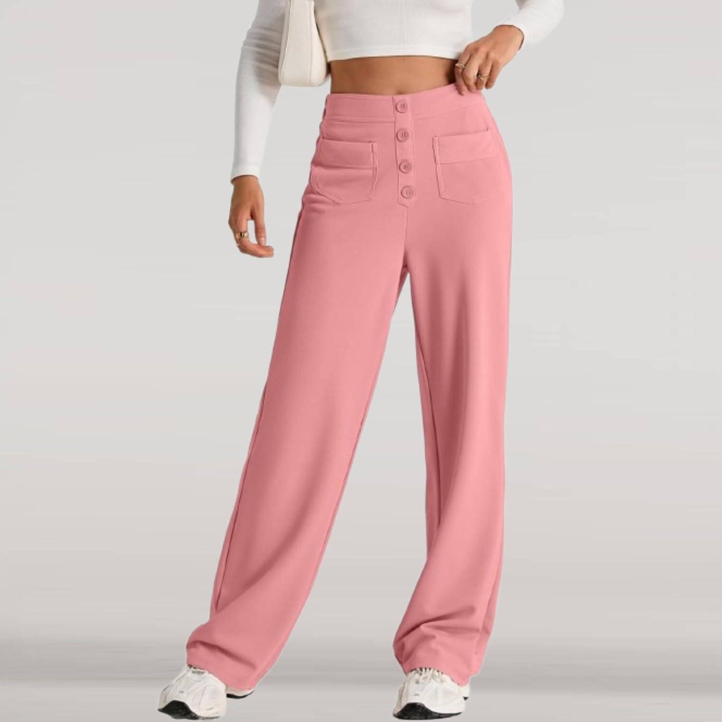 ⏰Womens High Waist Button Stretchy Work Pants Straight Leg Office Dress Pant Business Casual Trousers with Pocket