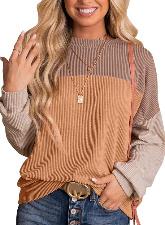Womens Color Block Long Sleeve Crewneck Knitted Pullover Sweatshirt Tops