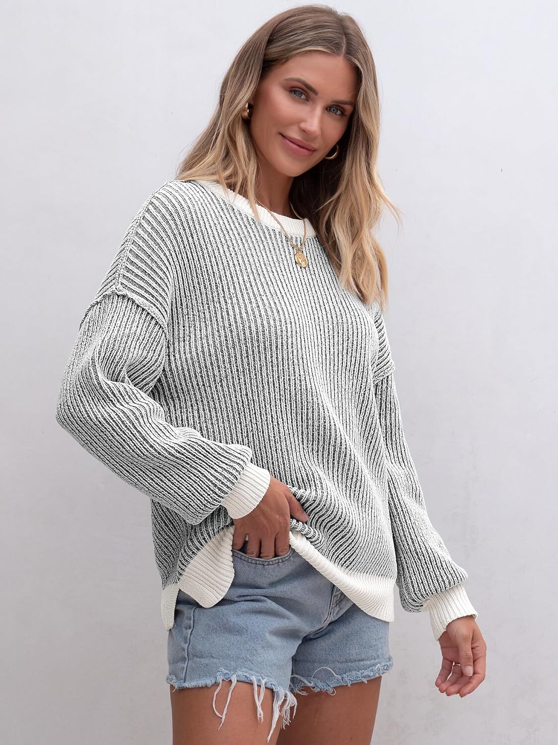 Womens Sweaters Crewneck Long Sleeve Color Block Pullover Loose Ribbed Knit Sweater Tops 2024 Fall Trendy Outfits