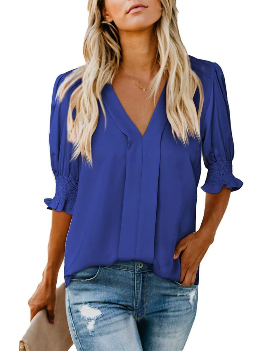 Women's V Neck Dressy Puff Ruffle Blouse Casua Short Sleeve Tops