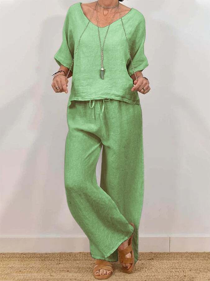 Women's Casual Linen V-Neck Half-Sleeve Pullover + Pants Two-Piece Set