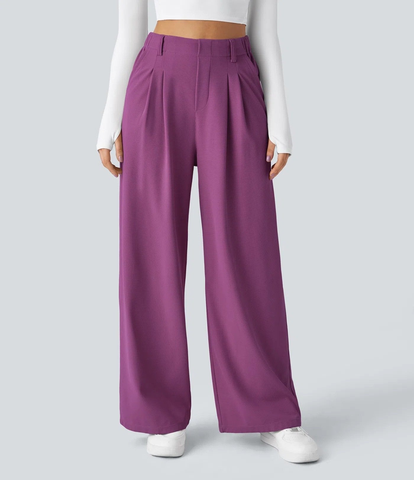 High Waisted Plicated Side Pocket Wide Leg Waffle Work Pants