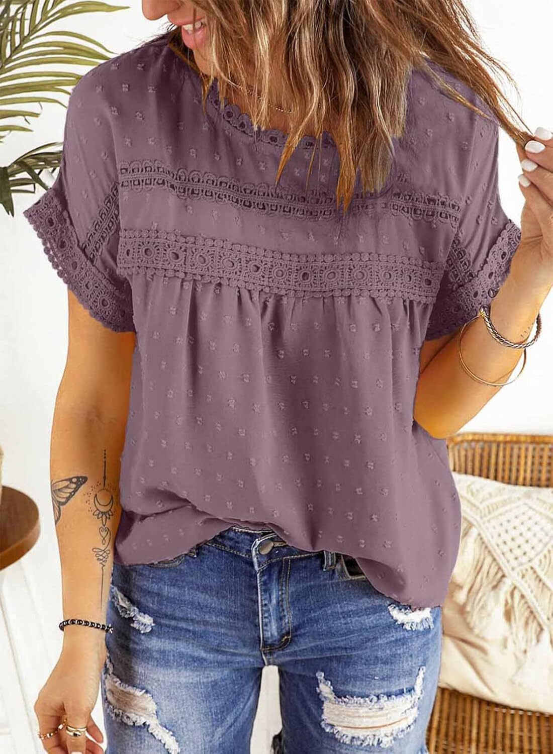 Dokotoo Womens Summer Tops Crewneck Lace Crochet Short Sleeve Shirts Casual Chiffon Blouses