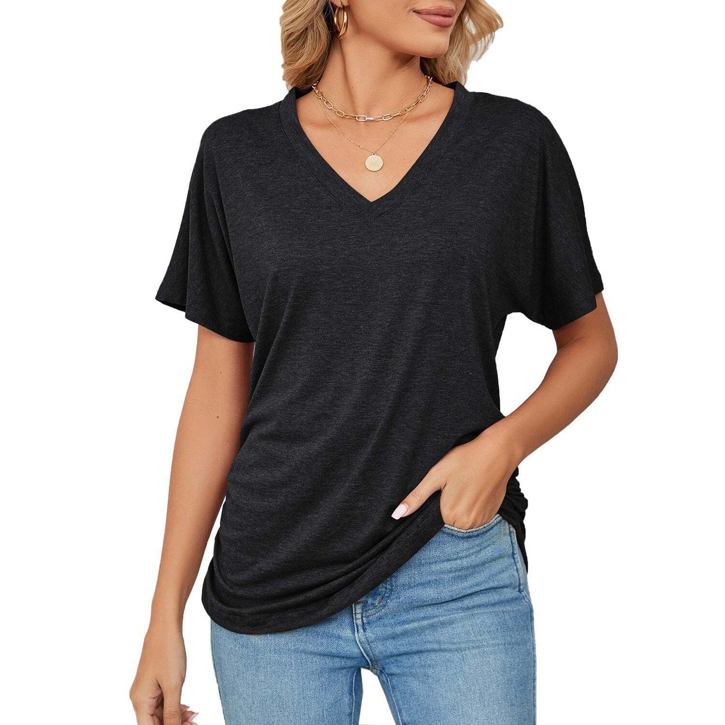 New Women's Solid Color V Neck Casual Tops