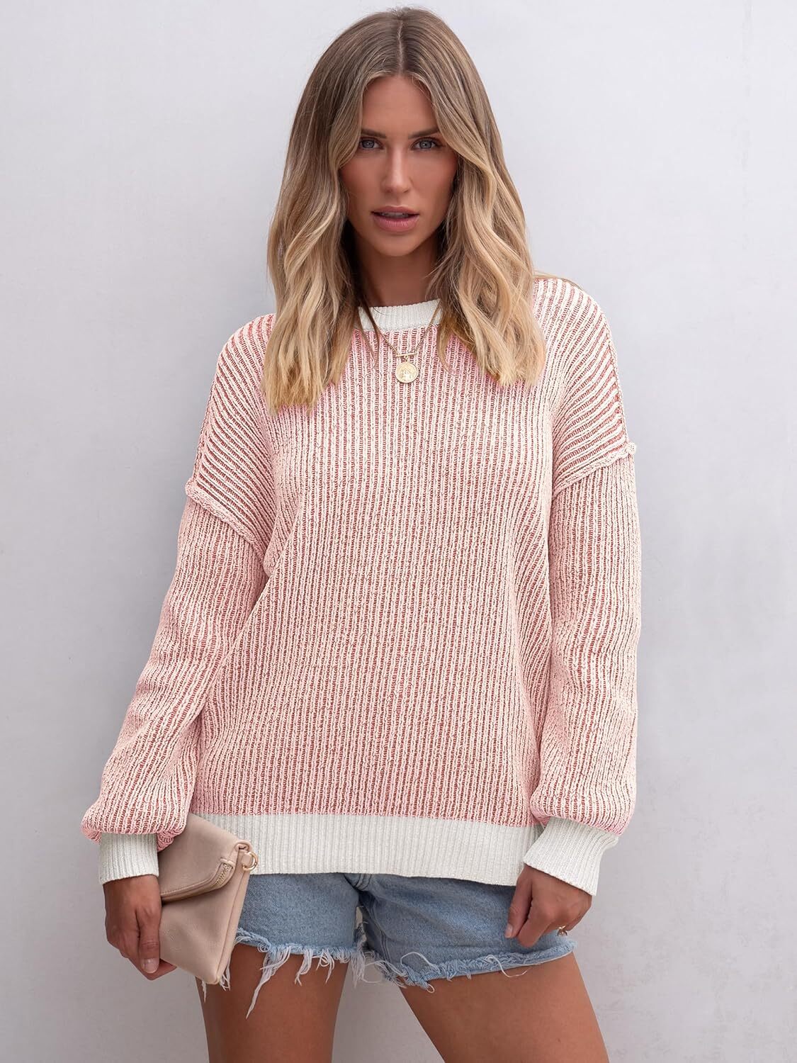 Womens Sweaters Crewneck Long Sleeve Color Block Pullover Loose Ribbed Knit Sweater Tops 2024 Fall Trendy Outfits