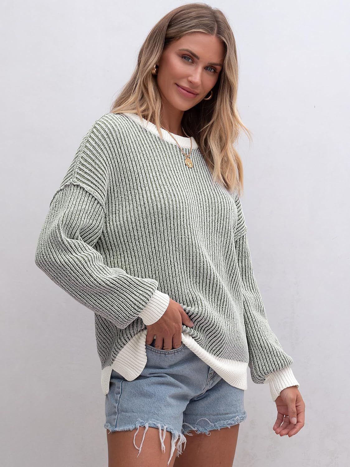 Womens Sweaters Crewneck Long Sleeve Color Block Pullover Loose Ribbed Knit Sweater Tops 2024 Fall Trendy Outfits