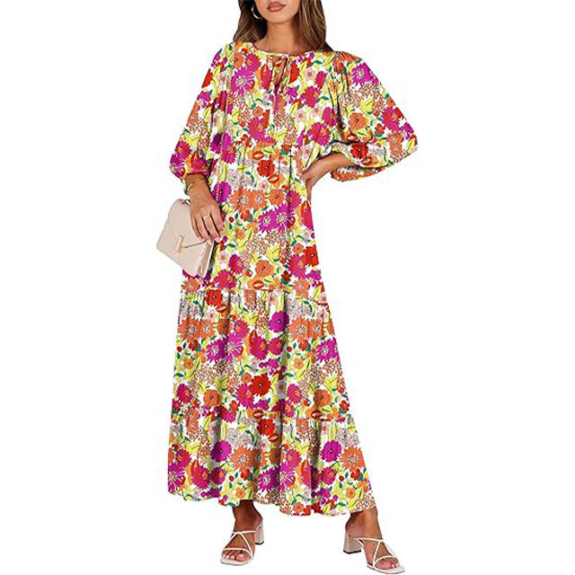 summer V Neck Puff Sleeve Floral Flowy Swing Casual Long Dress