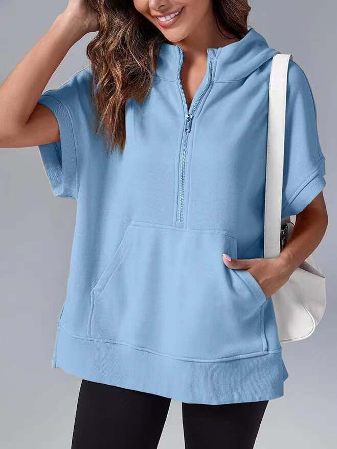 Oversized Casual Half Zip Short Sleeve Pullover Tops with Pockets(Buy 2 Free Shipping)