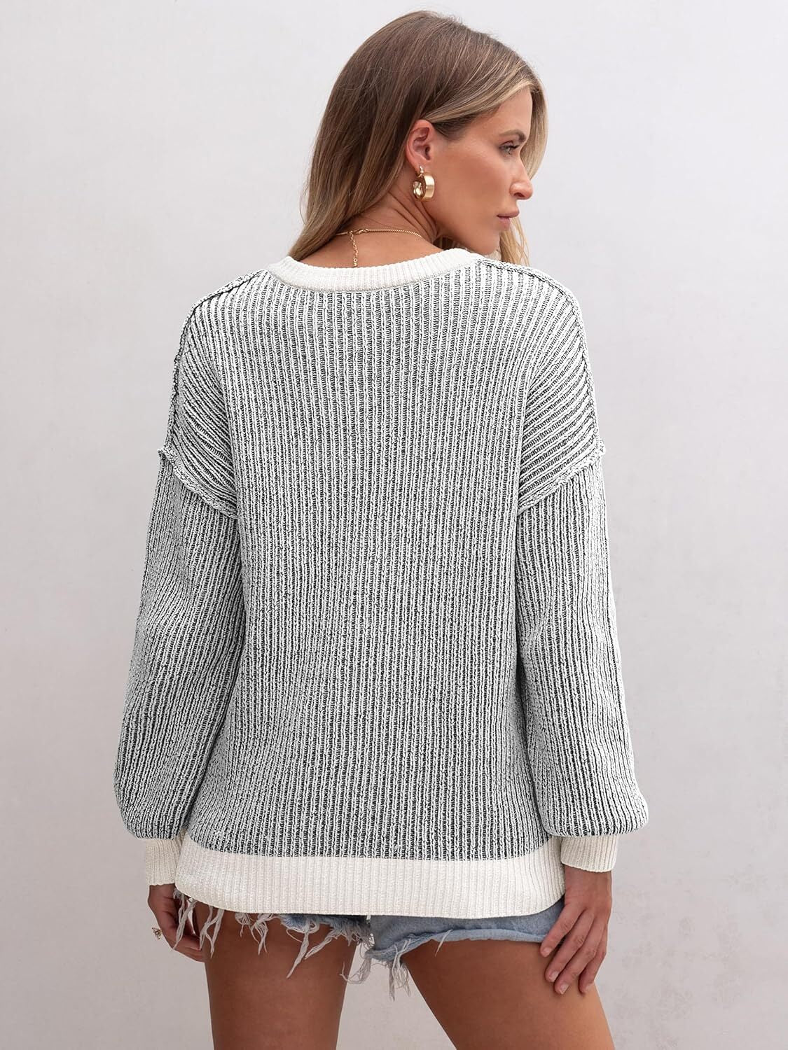 Womens Sweaters Crewneck Long Sleeve Color Block Pullover Loose Ribbed Knit Sweater Tops 2024 Fall Trendy Outfits