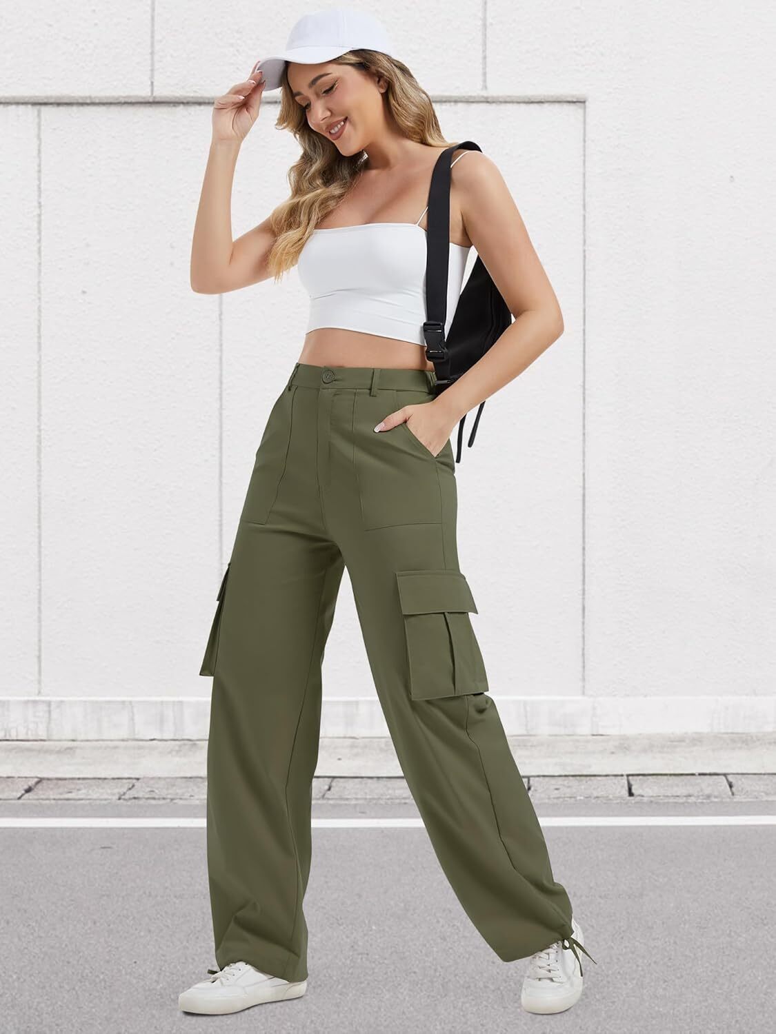 Women High Waisted Satin Cargo Pants Wide Leg Casual Pants multipocket model