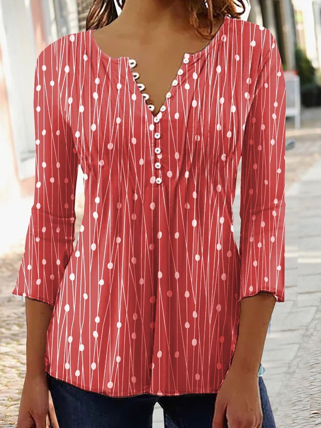 Women Geometric Casual Autumn V neck Daily Three Quarter Regular Regular Regular Size Tops