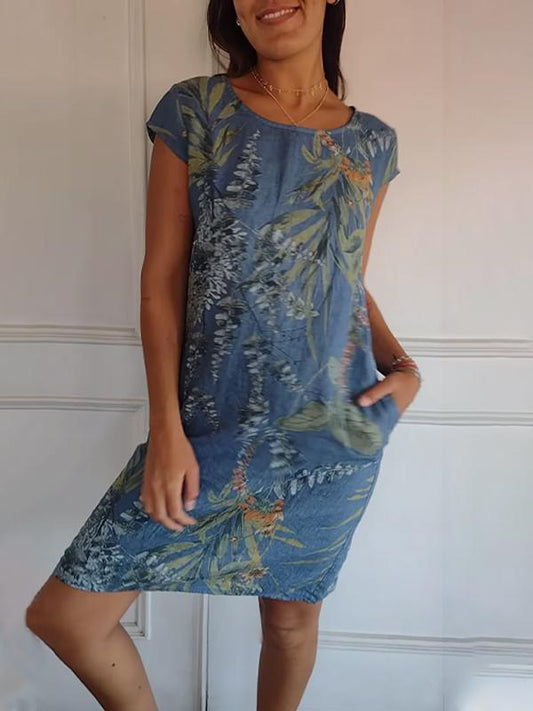 Ladies Casual Cotton and Linen Round Neck Printed Dress